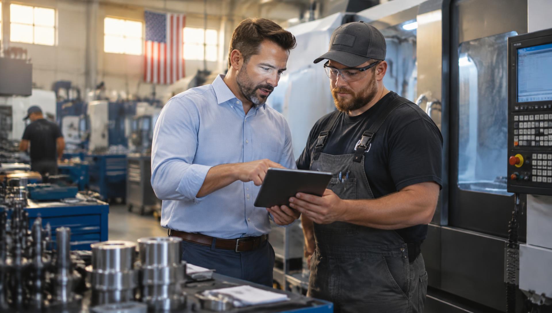A hiring manager and a machinist reviewing a candidate short list together on a tablet on the shop floor